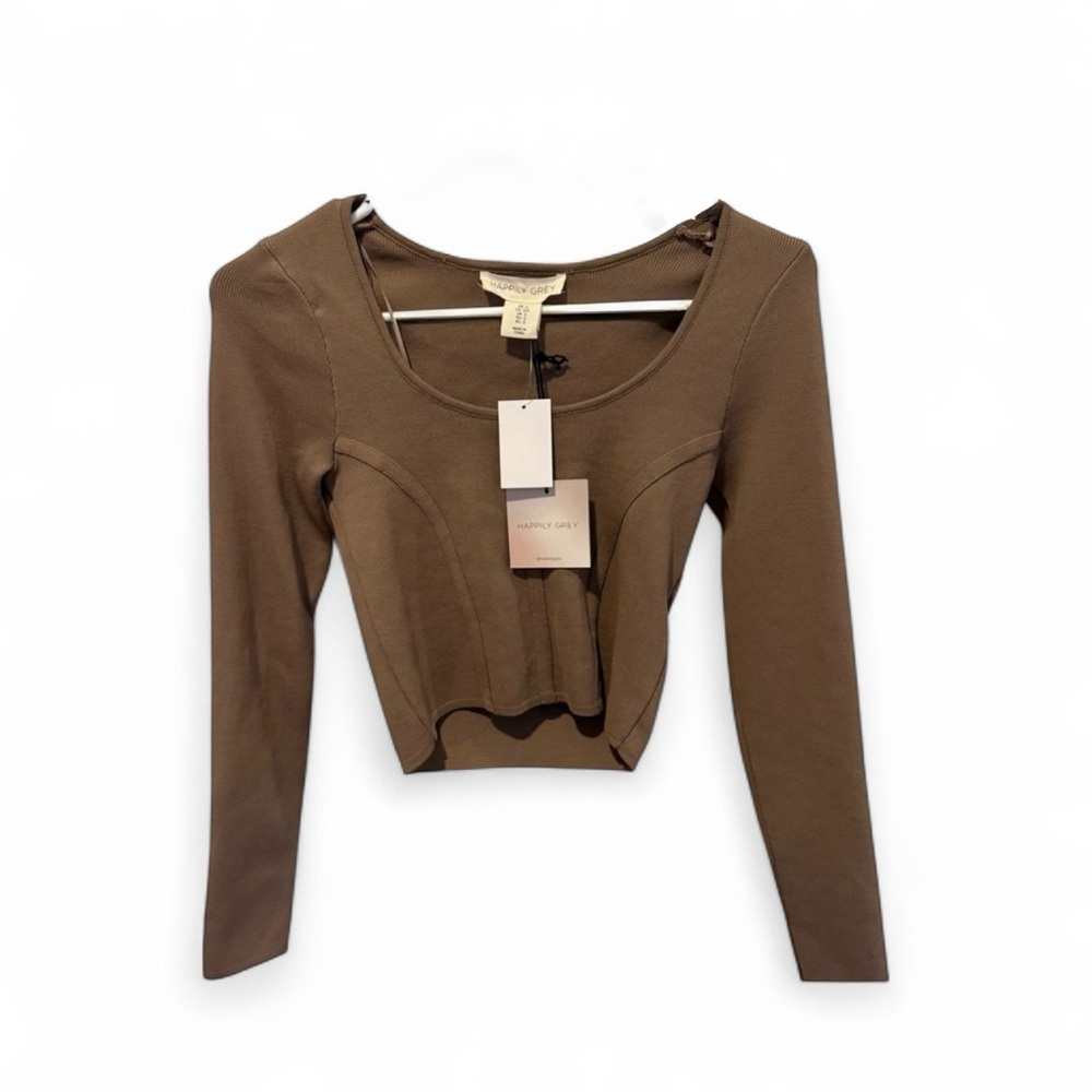 Brown Fitted Crop Long Sleeve Top